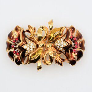 Vintage Coro Enamel and Rhinestone Flower Duette Brooch Dress Clips Set 1940s